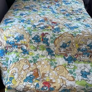 Vintage 80's Smurfs Quilted Twin Comforter Coverlet Bedspread